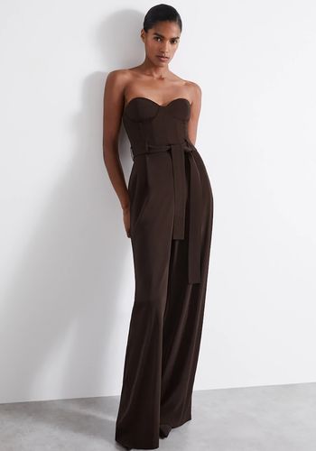 brown bustier wedding guest jumpsuit in crepe material