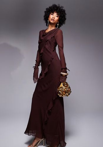 chocolate brown long sleeve wedding guest dress with ruffle detailing. 