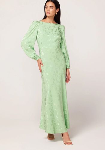 long sleeve wedding guest dress in pistachio green with tulip jacquard print.