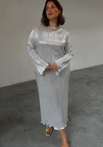 best silver plisse long sleeve wedding guest dress. 