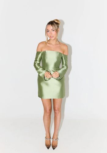 best mini long sleeve wedding guest dress in green with bardot neckline. 