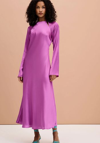 satin long sleeve wedding guest dress in purple, violet colour. 