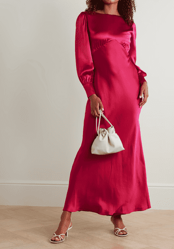 satin long sleeve wedding guest dress with open back in crimson colour.