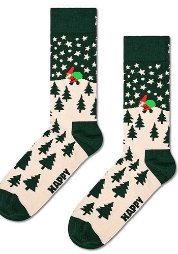 funny christmas socks for him, featuring a fun, snowy scene with a jolly Santa Claus making his way through the trees.