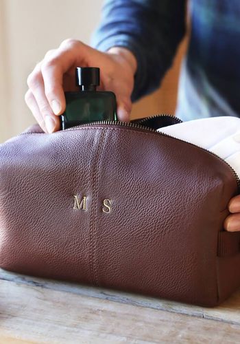 vegan leather wash bag, finished with the initials of your choice as personalised christmas gift idea for men.