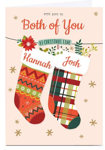 personalised christmas card with option for two names on the stockings.