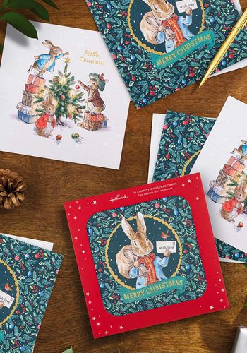 pack of 16 boxed charity christmas cards in peter rabbit design.