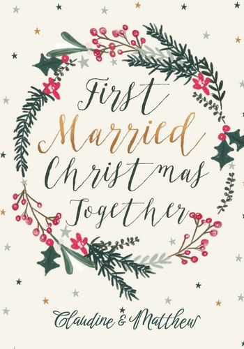 christmas card for spouse, husband or wife, featuring an illustrated wreath with colourful scripted typograhic text.