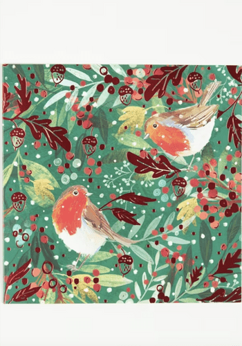 pack of 8 Christmas cards featuring a pair of robins on a festive green and red background.