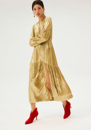 winter evening wedding guest dress with long sleeves in gold metallic. 