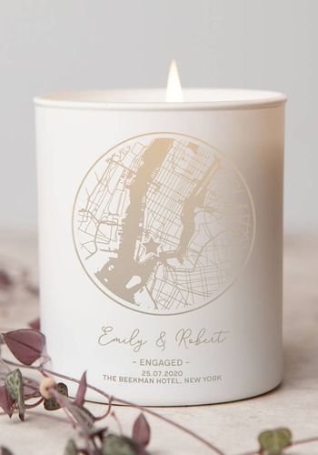 personalised map candle with couple's name, date and map location from Not On The High Street.