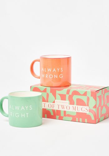 set of two mugs as funny engagement gift idea for couples with text: "Always Right, Always Wrong".