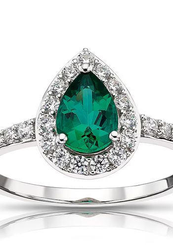 9ct white gold cluster ring, featuring a created emerald centre stone, encircled by a halo of sparkling cubic zirconia stones.