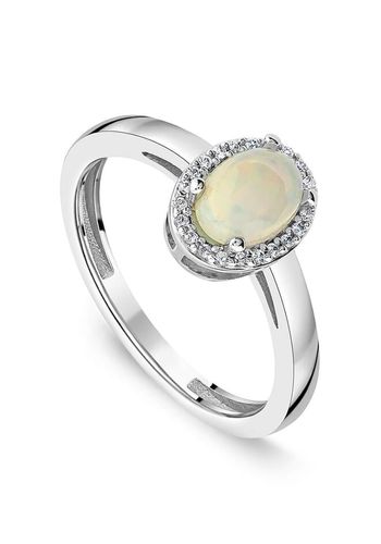 opal and diamond engagement ring with gray-yellow colour in elegant white gold band