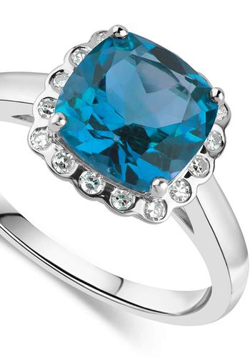 9 carat white gold engagement ring, featuring diamonds and a large blue topaz stone.