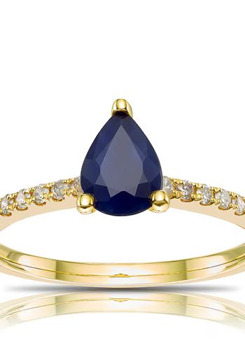 9ct yellow gold ring, featuring a vibrant blue sapphire stone at its centre, encircled by brilliant-cut diamonds in a classic claw setting.