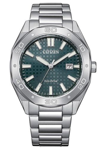 men's watch presented on a stainless steel bracelet with green dial