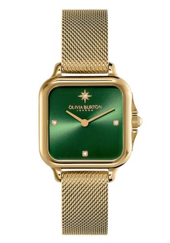 women's watch, featuring green sunray dial with crystal markers and gold-plated mesh strap.