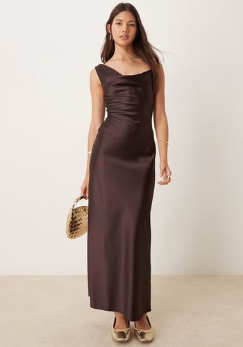 brown satin slip wedding guest dress with cowl neck 