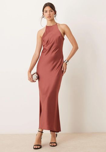 satin racer bias maxi dress in earthy, terracota brown