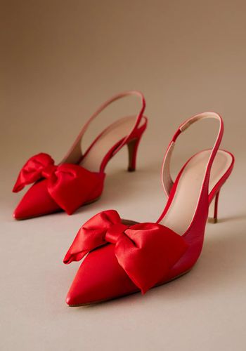 bright red satin slingback heels with bow on the front