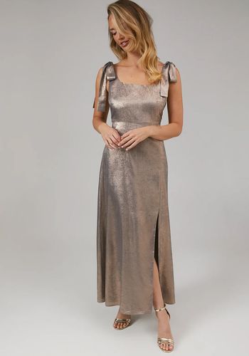 metallic chiffon bridesmaid dress with tie shoulder straps and square neckline