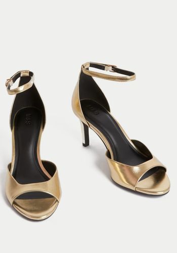 metallic sandals with mid stiletto heel, with a peep toe and a buckled ankle strap