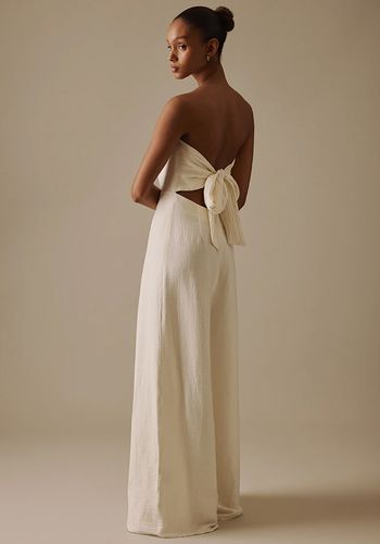 strapless bridal jumpsuit with wide leg and tie back