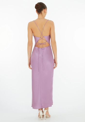 lavender bridesmaid dress with cowl neck with lace up back detailing