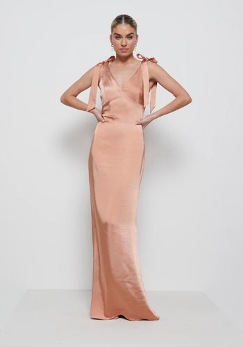 bias cut satin maxi bridesmaid dress with functional sash ties at shoulder