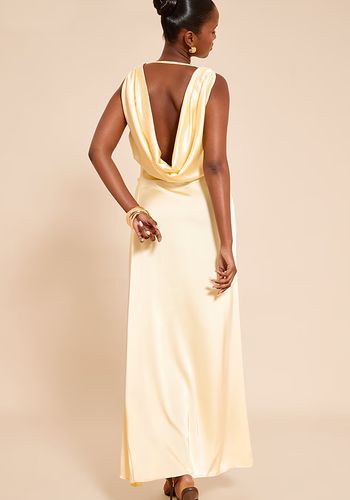 yellow off the shoulder prom dress Elegant Off Shoulder Ruched Front Split Satin Prom Dress – Elonnashop main image 1