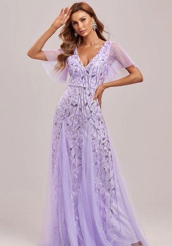 purple wedding dress with double deep V neckline, ruffled sleeves, and shimmery leave design.