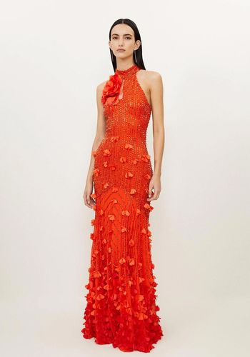 orange wedding dress with floral applique accents, crystal embellishments and halter neckline.