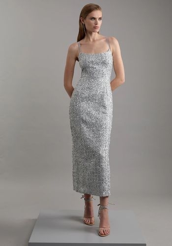 silver midi wedding dress with sparkling sequin fabric