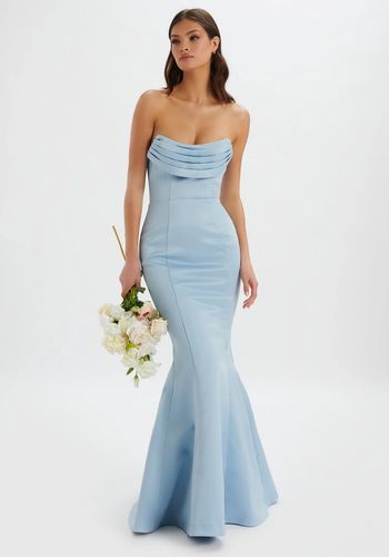 dusty blue wedding dress with fit and flare silhouette and cowl neck with delicate pleating