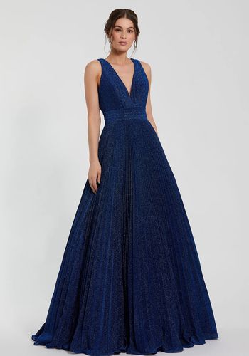 sparkly royal blue wedding dress with pleated shimmering georgette overlay, deep v-neckline and full skirt