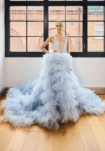 light blue tulle coloured wedding dress by Millia London