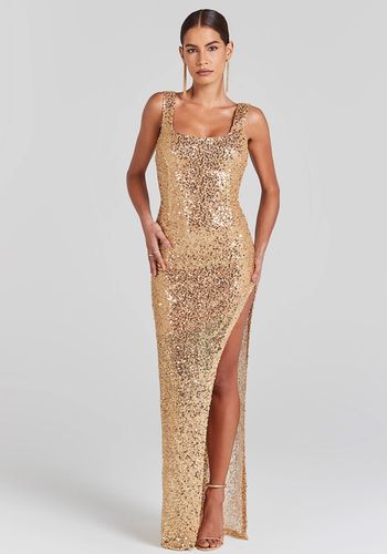 gold wedding dress with beaded embellished fabric, square neckline and thigh-high split.