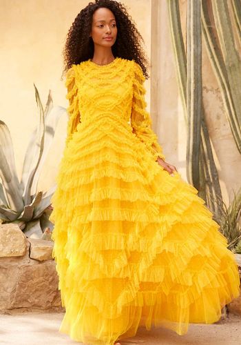 sunflower yellow wedding dress with long sleeves and tulle frills