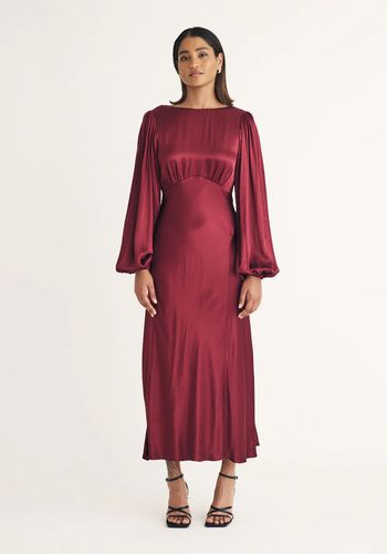 nobody's-child-red-satin-balloon-sleeve-bridesmaid-dress