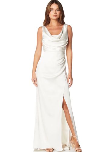 satin bridal gown with cowl neckline, deep V back, and thigh high split