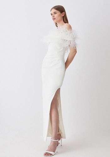 bridal bardot maxi dress with high leg slit and feather trim neckline