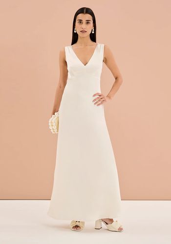 satin ivory bridal dress with v neckline and peek-a-boo back detail 