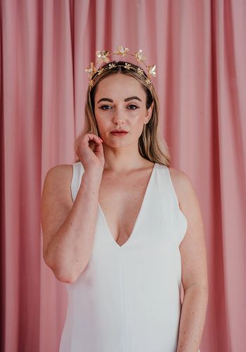 delicate and lightweight structured floral bridal crown with a halo of gold plated flowers