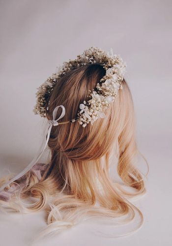 preserved white boho bridal flower crown with gypsophila and hydrangea