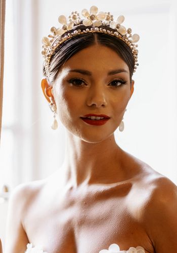 gold bridal tiara with structured mother of pearl flowers and preciosa pearl flowers and sprigs