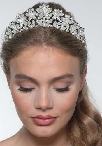 statement floral wedding crown, with glistening silver diamante flowers and pearls set in a peak tiara shape