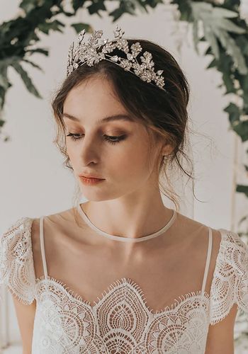 crystal embellished leafy bridal crown headpiece for boho brides