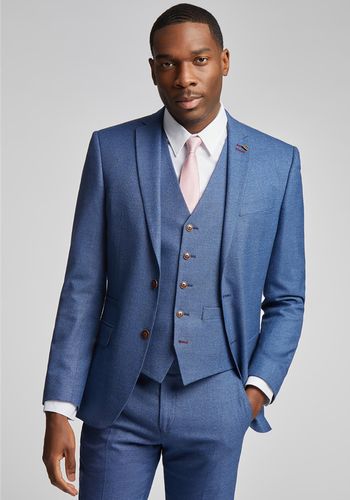 blue textured three-piece suit with the matching trousers and waistcoat