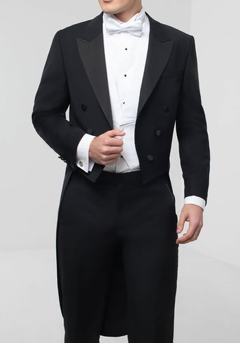  elegant tailcoat for white tie occasions, featuring satin finished peak lapels and a six button front profile.